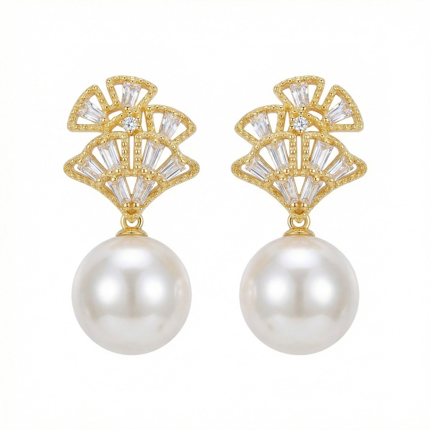 Sterling silver fan earrings with white pearl drops