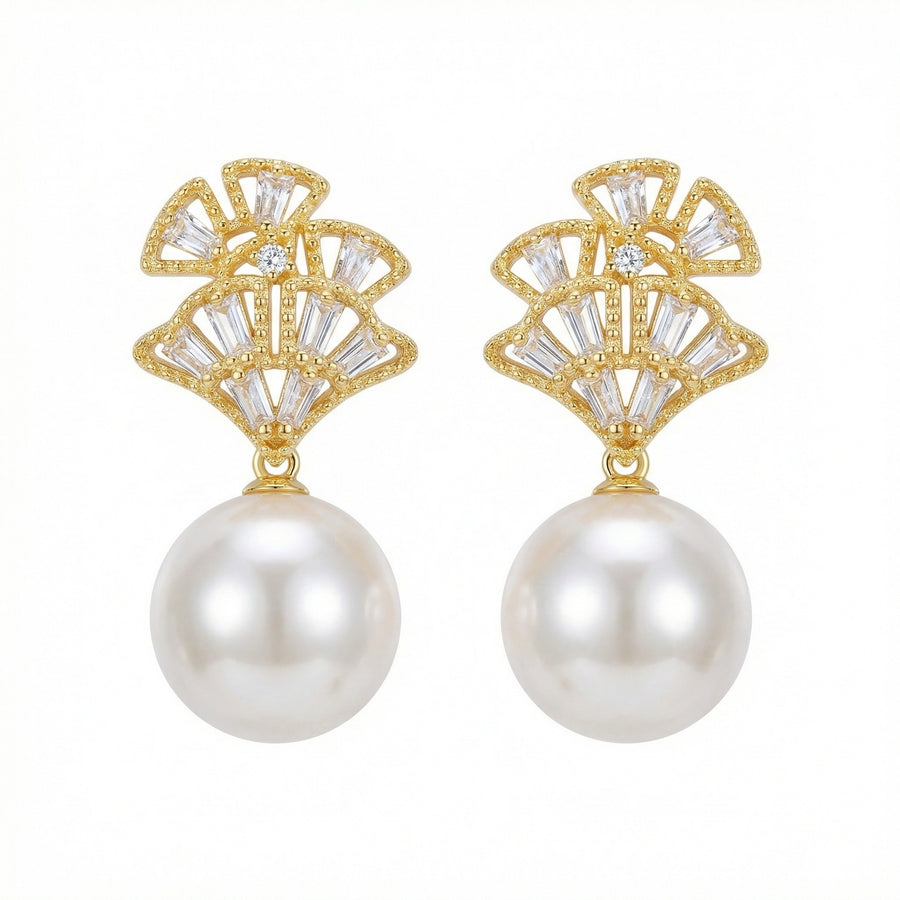 Sterling silver fan earrings with white pearl drops