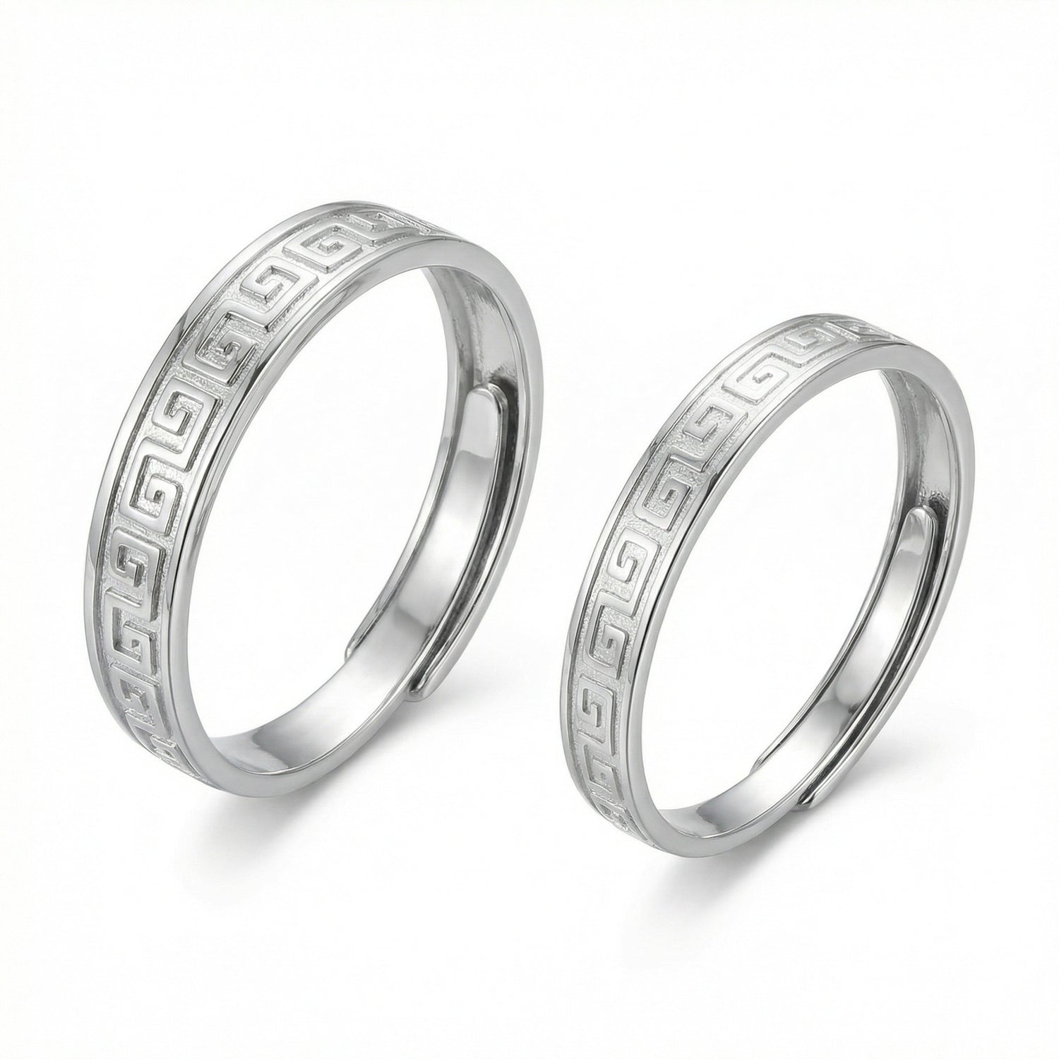 Matching Greek key sterling silver adjustable couple rings